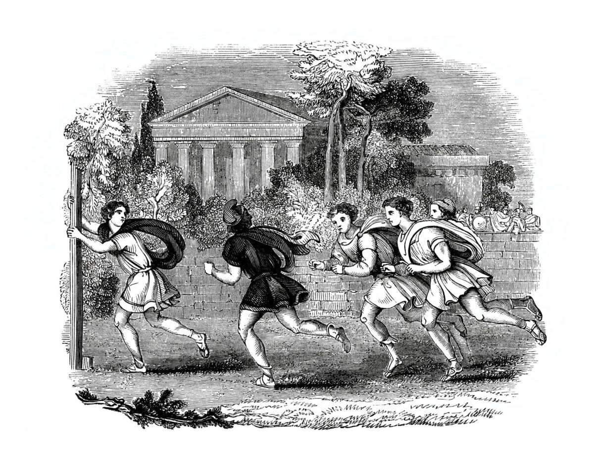 Antik Yunan sporcularının Olympia stadyumunda koşu yarışı yaptığı sahne